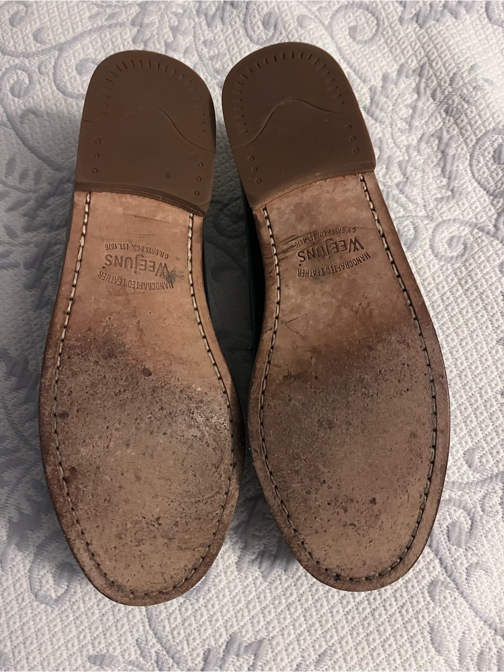 G.H. Bass & Co. Black Patent Leather Penny Loafers with Brown Sole Trim - Picture 4 of 4